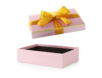 Photo of One opened gift box isolated on white