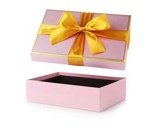 Photo of One opened gift box isolated on white