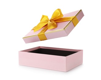 Photo of One opened gift box isolated on white