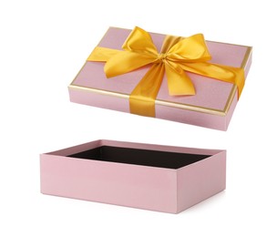 Photo of One opened gift box isolated on white