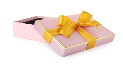 Photo of One opened gift box isolated on white