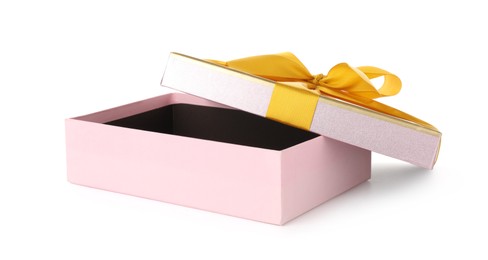 Photo of One opened gift box isolated on white