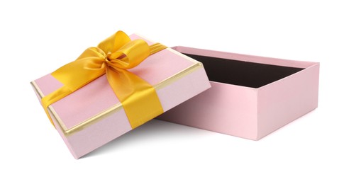 Photo of One opened gift box isolated on white