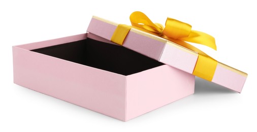 Photo of One opened gift box isolated on white