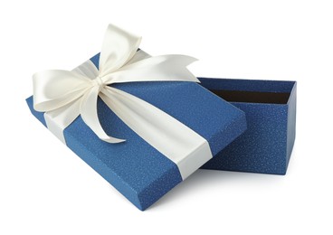 Photo of One opened gift box isolated on white