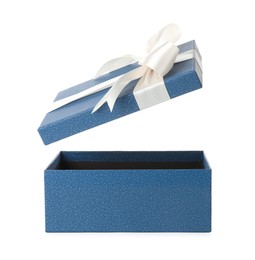 Photo of One opened gift box isolated on white