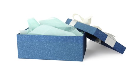 Photo of One opened gift box isolated on white