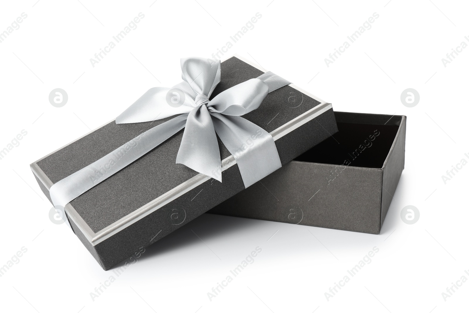 Photo of Open gift box with beautiful lid isolated on white