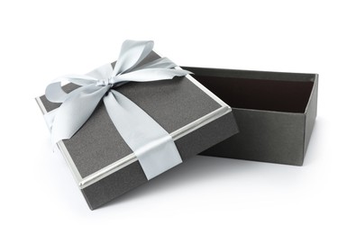 Photo of Open gift box with beautiful lid isolated on white