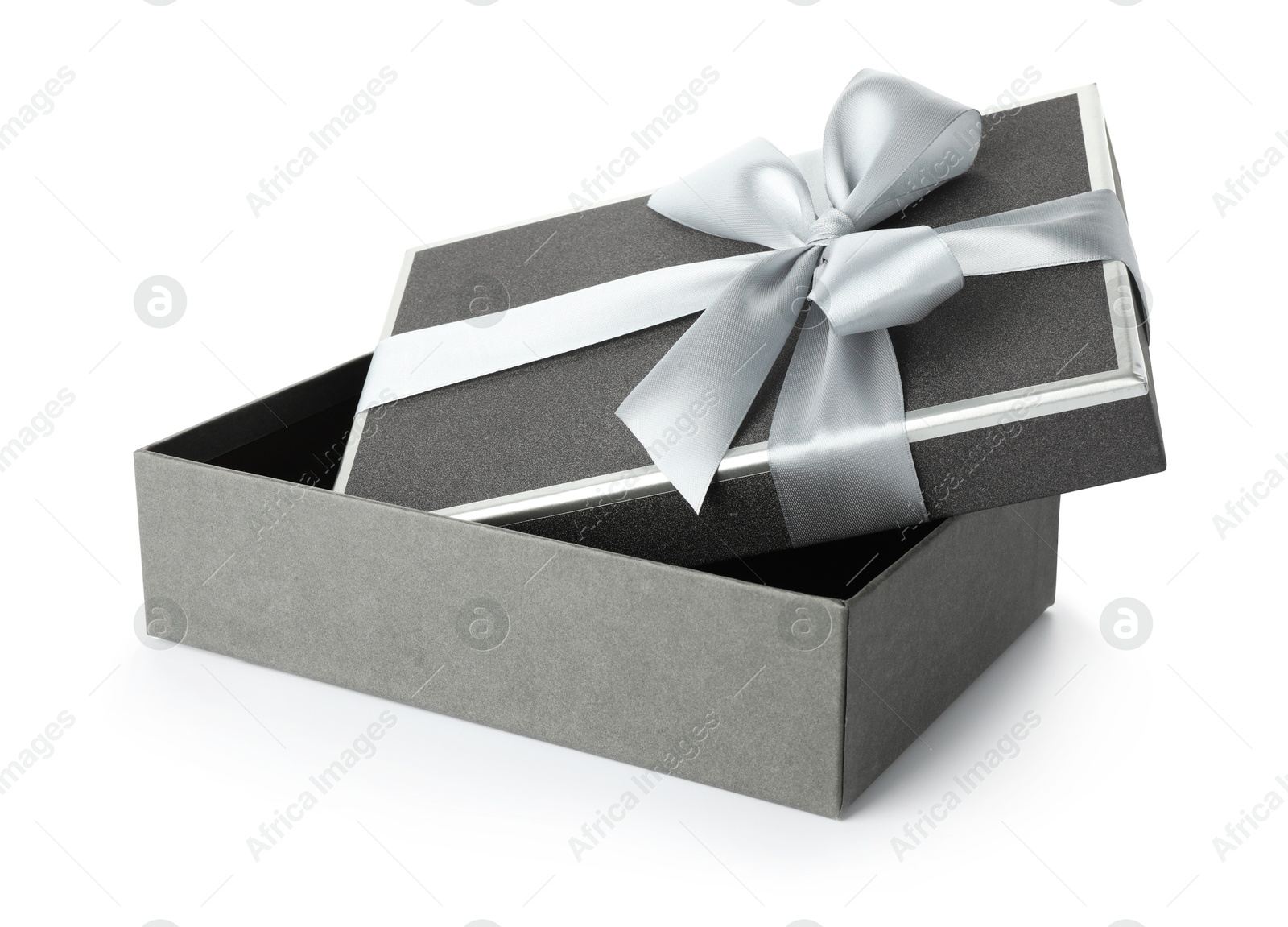 Photo of Open gift box with beautiful lid isolated on white