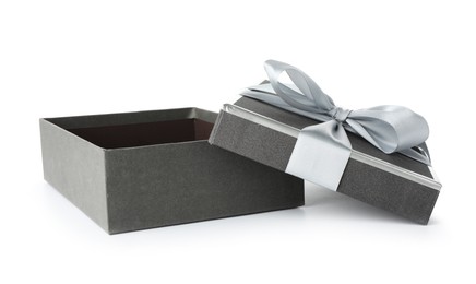 Photo of Open gift box with beautiful lid isolated on white
