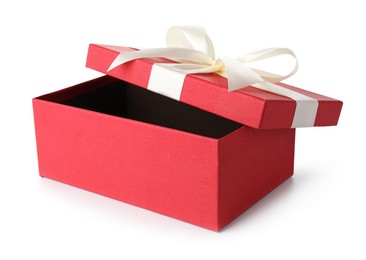 Photo of Open gift box with beautiful lid isolated on white