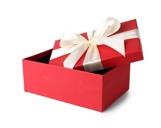 Photo of Open gift box with beautiful lid isolated on white