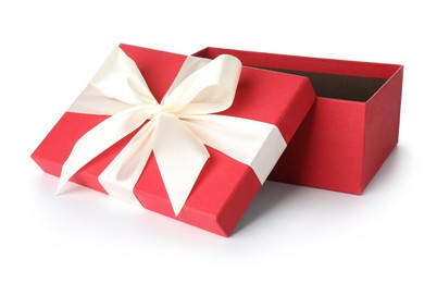 Photo of Open gift box with beautiful lid isolated on white
