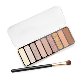 Photo of Beautiful eyeshadow palette with brush isolated on white, top view