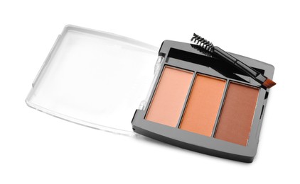 Photo of Beautiful eyebrow palette with brush isolated on white