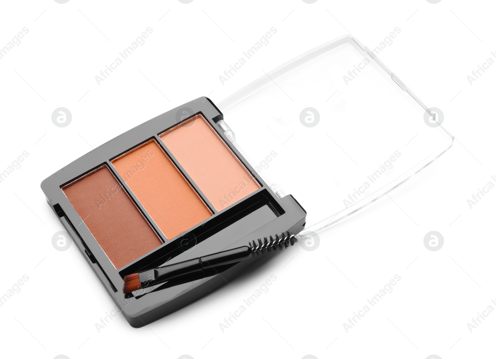 Photo of Beautiful eyebrow palette with brush isolated on white