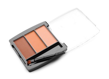 Photo of Beautiful eyebrow palette with brush isolated on white