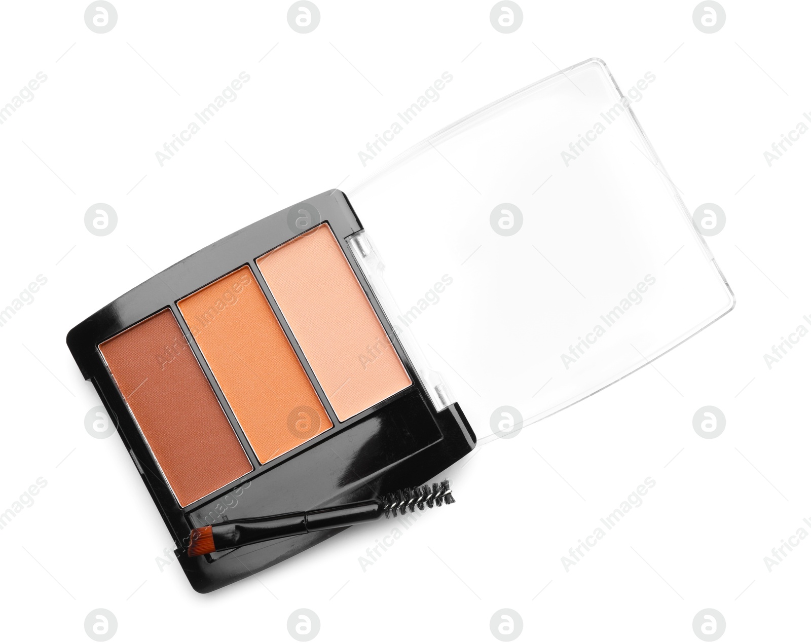 Photo of Beautiful eyebrow palette with brush isolated on white, top view
