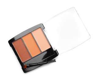 Photo of Beautiful eyebrow palette with brush isolated on white, top view
