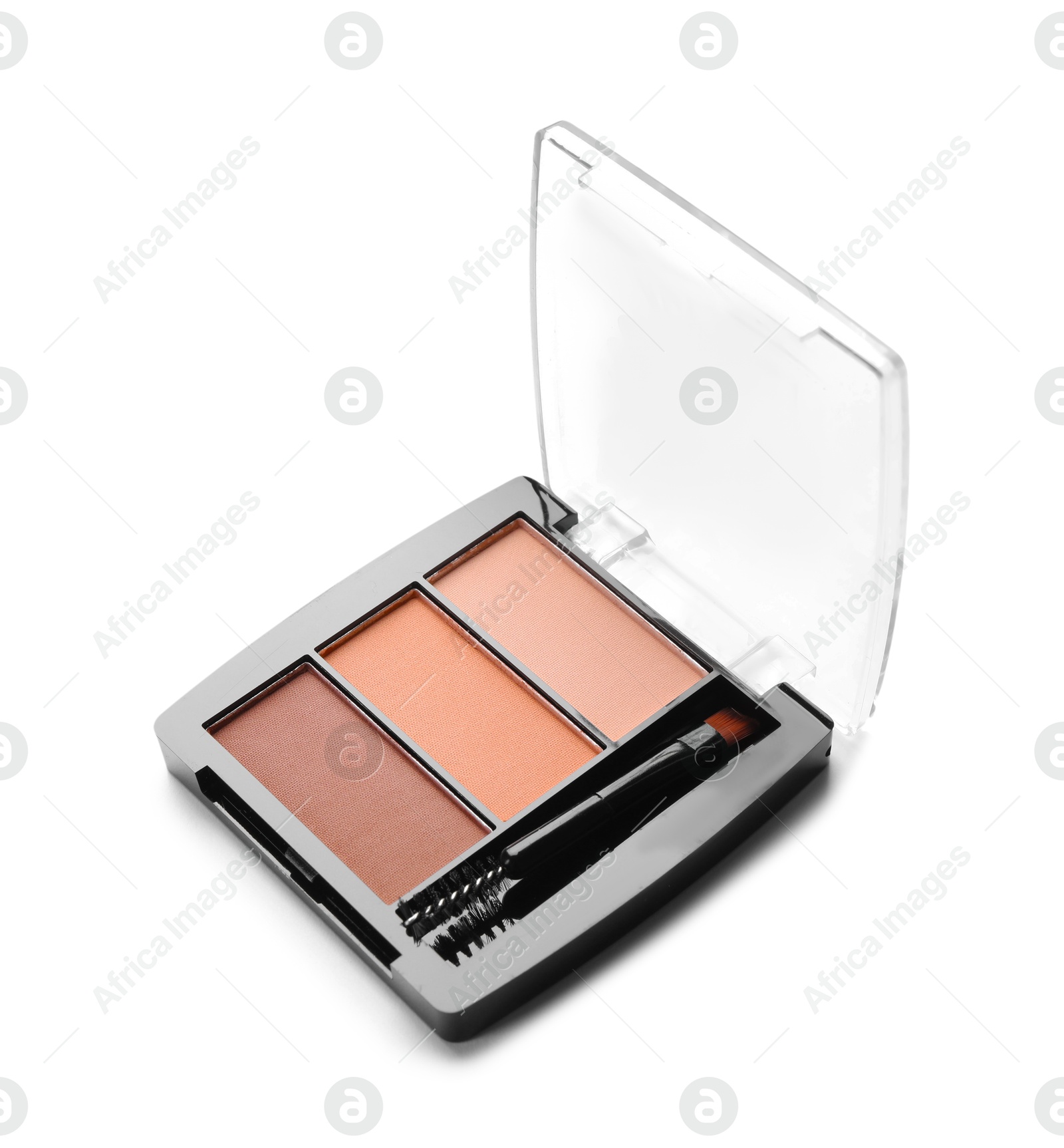 Photo of Beautiful eyebrow palette with brush isolated on white