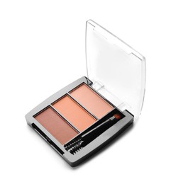 Photo of Beautiful eyebrow palette with brush isolated on white