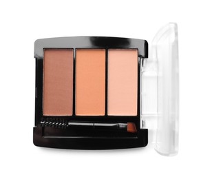 Photo of Beautiful eyebrow palette with brush isolated on white, top view