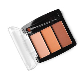 Photo of Beautiful eyebrow palette with brush isolated on white, top view