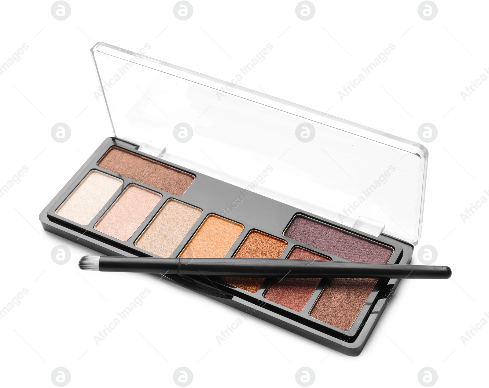 Photo of Beautiful eyeshadow palette with brush isolated on white