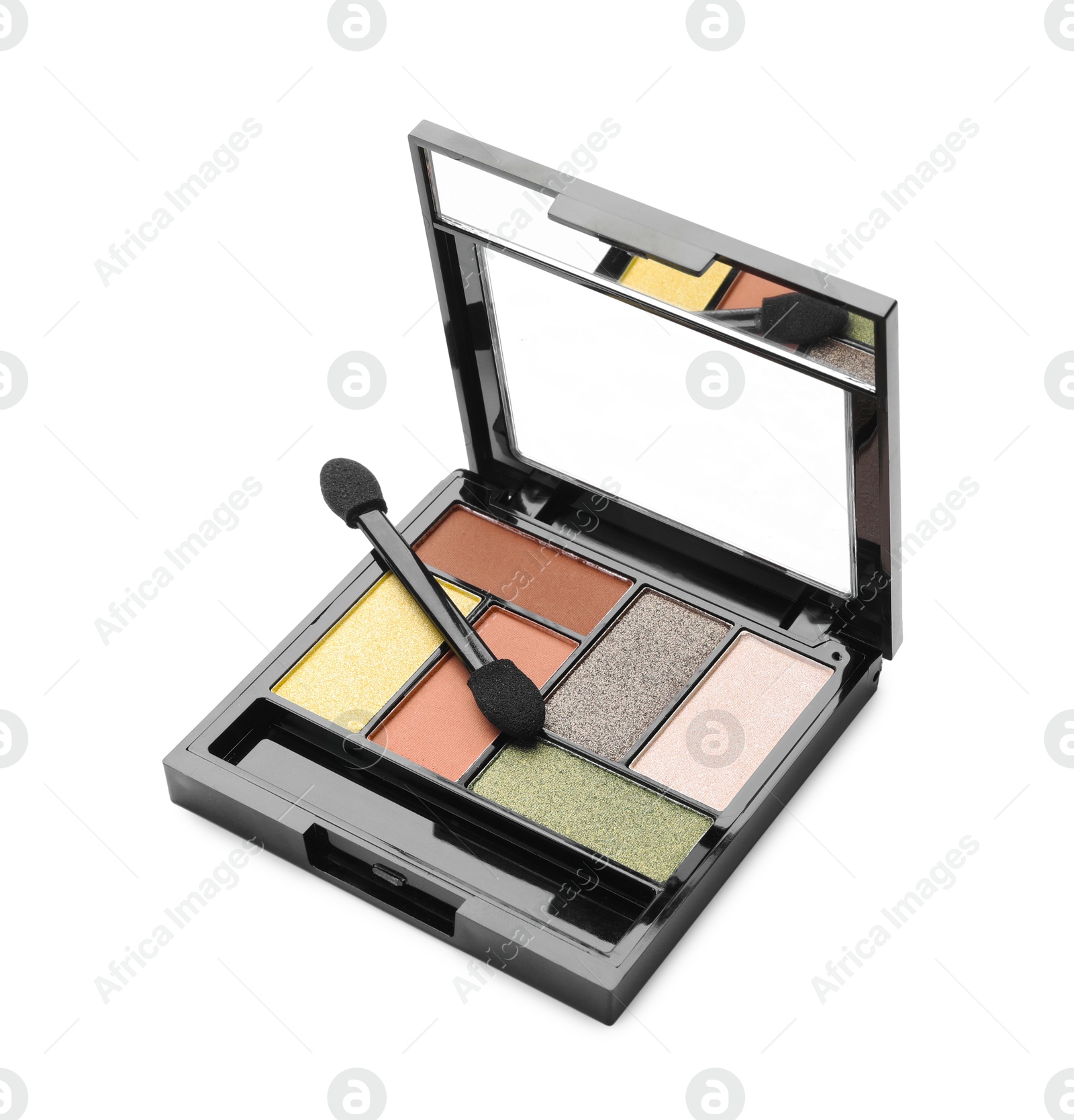 Photo of Beautiful eyeshadow palette with applicator isolated on white