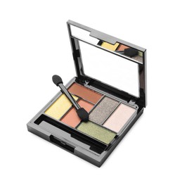Photo of Beautiful eyeshadow palette with applicator isolated on white