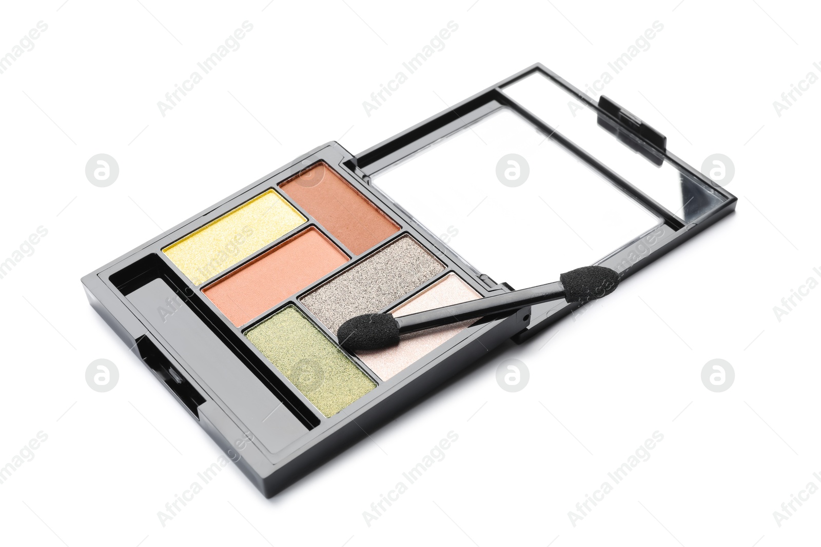Photo of Beautiful eyeshadow palette with applicator isolated on white