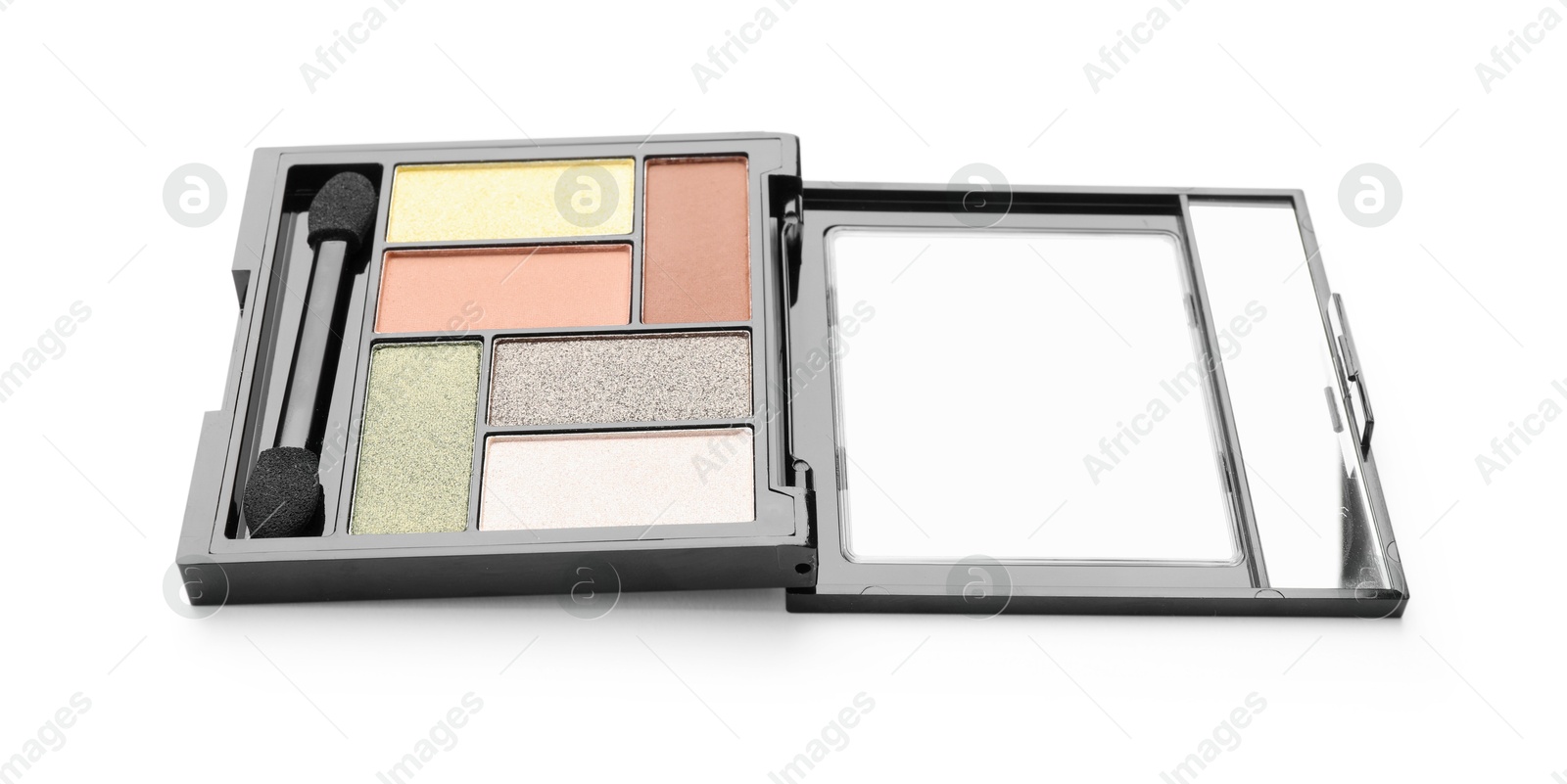 Photo of Beautiful eyeshadow palette with applicator isolated on white