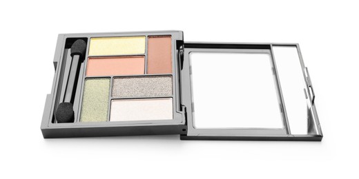 Photo of Beautiful eyeshadow palette with applicator isolated on white