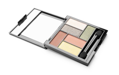 Photo of Beautiful eyeshadow palette with applicator isolated on white
