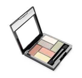 Photo of Beautiful eyeshadow palette with applicator isolated on white