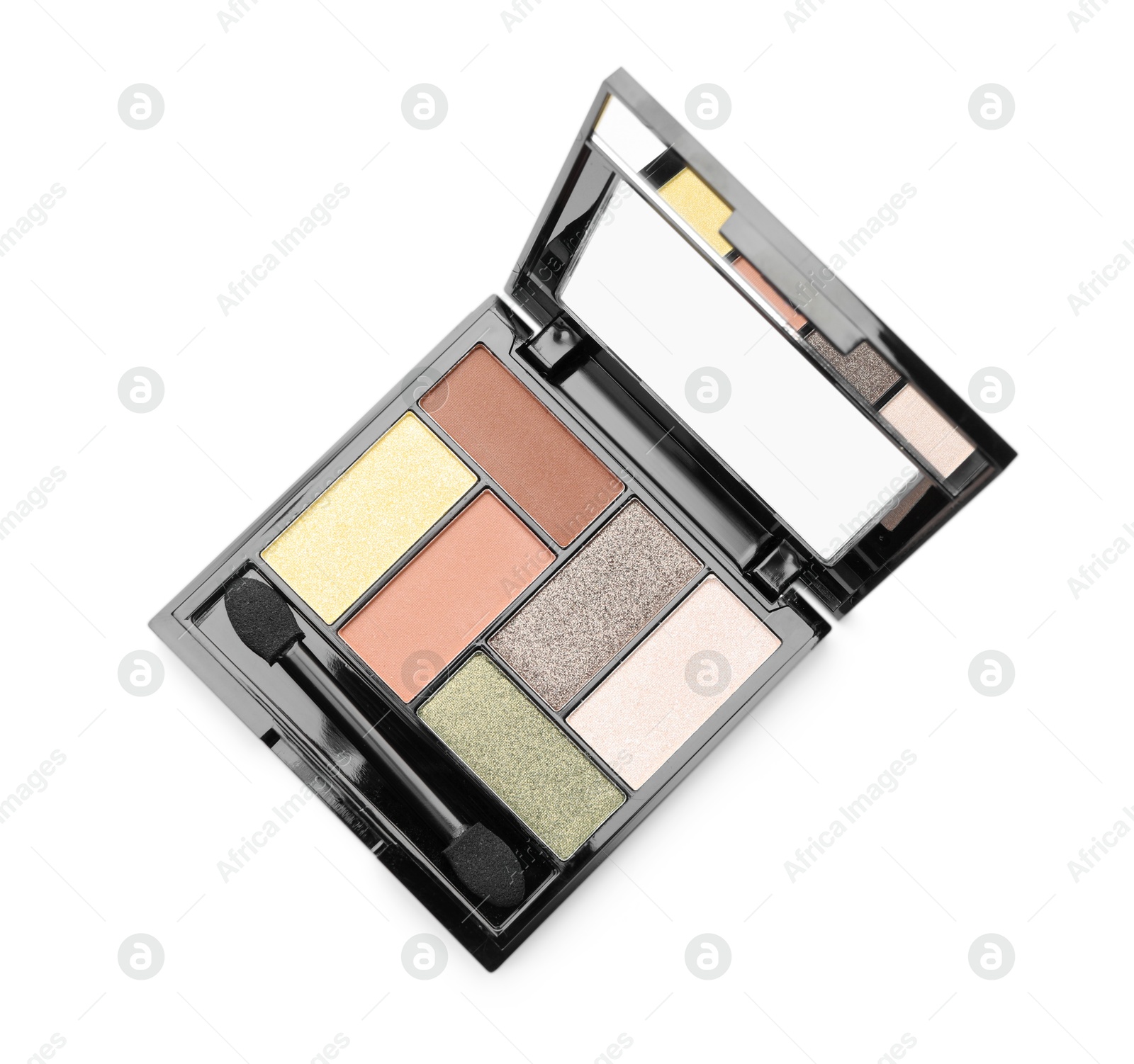 Beautiful eyeshadow palette with applicator isolated on white, top view Photo of Beautiful eyeshadow palette with applicator isolated on white, top view