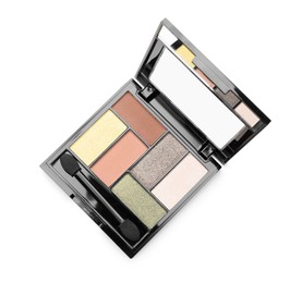 Photo of Beautiful eyeshadow palette with applicator isolated on white, top view