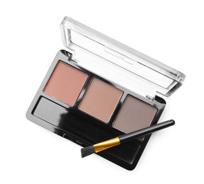 Photo of Beautiful eyebrow palette with brush isolated on white, top view