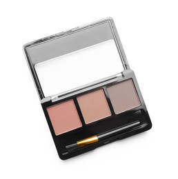 Photo of Beautiful eyebrow palette with brush isolated on white, top view