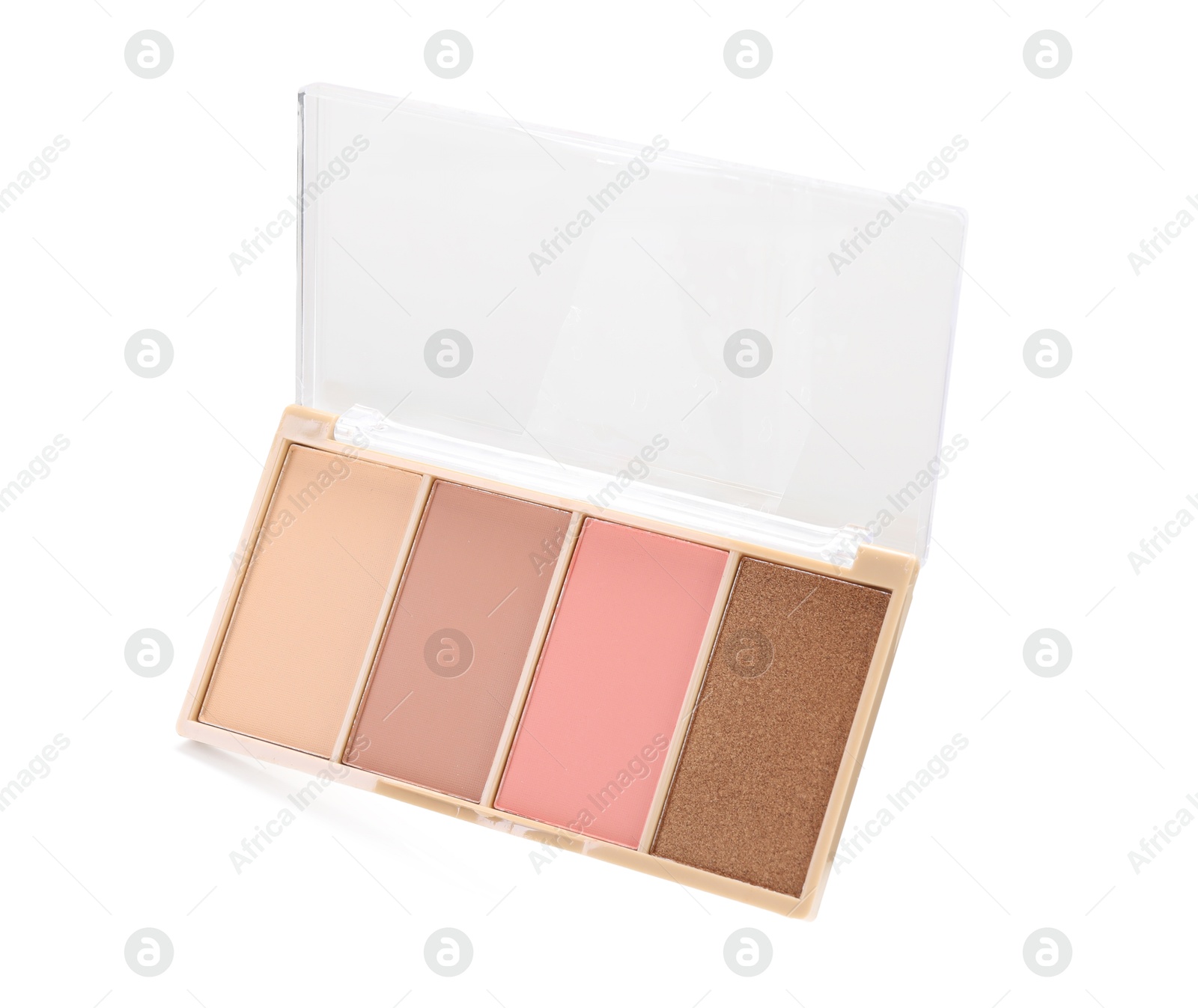 Photo of Beautiful contouring palette with blush and bronzer isolated on white