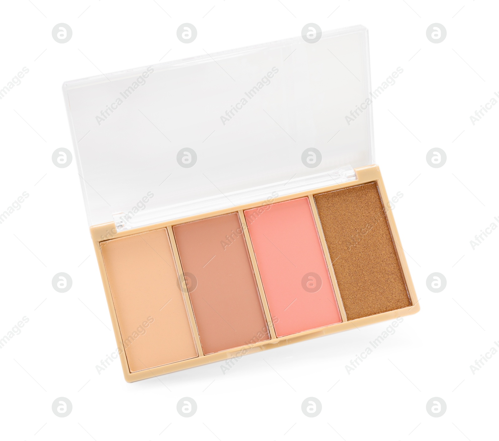 Photo of Beautiful contouring palette with blush and bronzer isolated on white