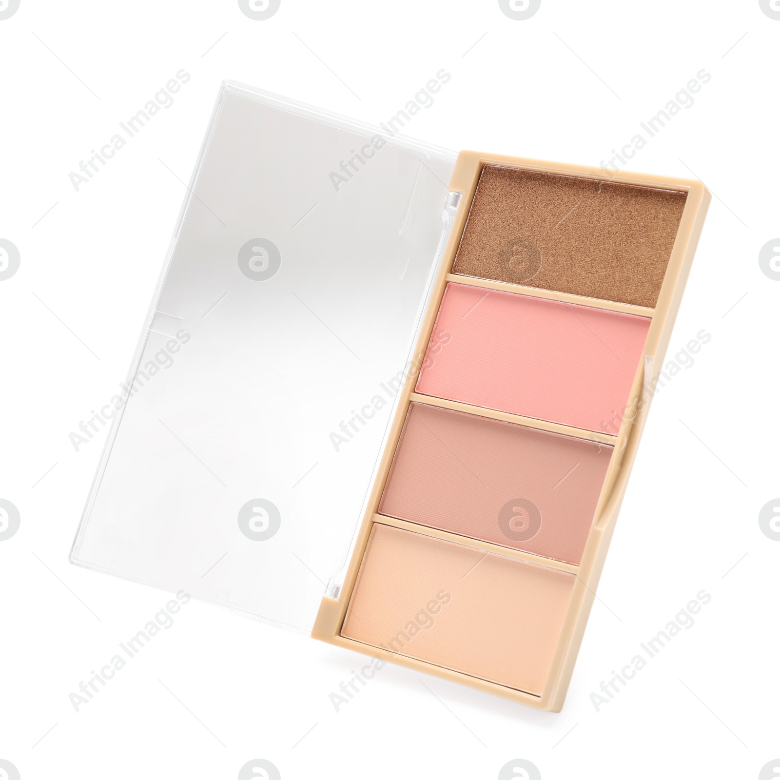 Photo of Beautiful contouring palette with blush and bronzer isolated on white