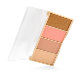 Photo of Beautiful contouring palette with blush and bronzer isolated on white