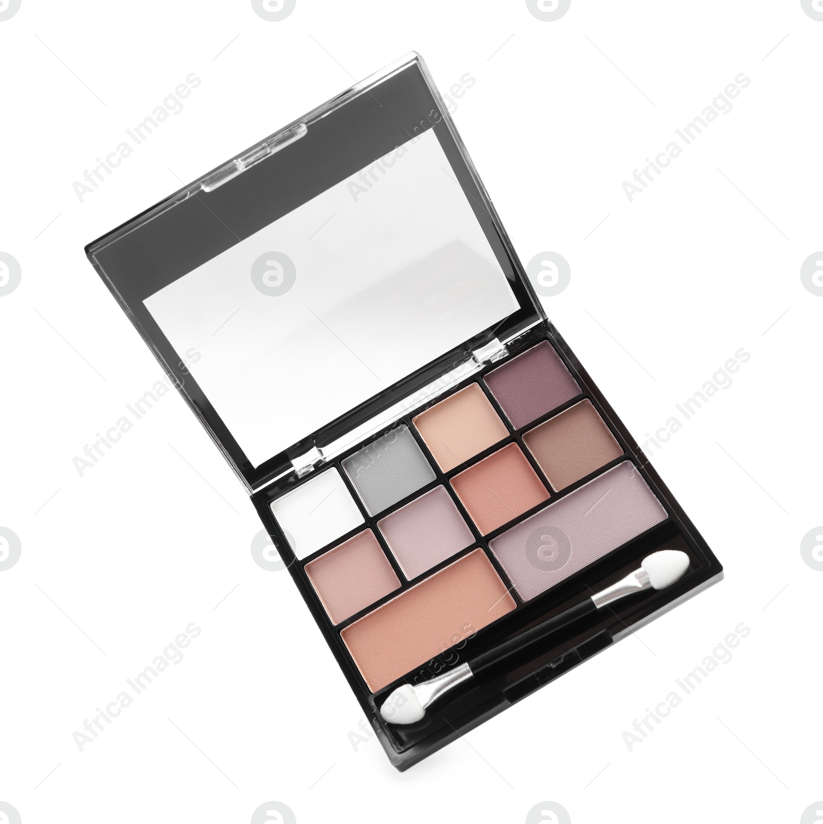 Photo of Beautiful eyeshadow palette with applicator isolated on white