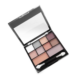Photo of Beautiful eyeshadow palette with applicator isolated on white