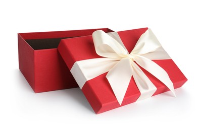 Photo of Open gift box with beautiful lid isolated on white