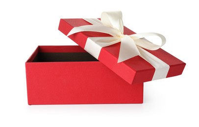 Photo of Open gift box with beautiful lid isolated on white