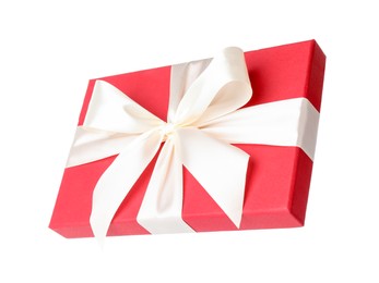 Photo of Beautiful gift box lid with bow isolated on white