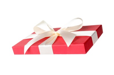 Photo of Beautiful gift box lid with bow isolated on white